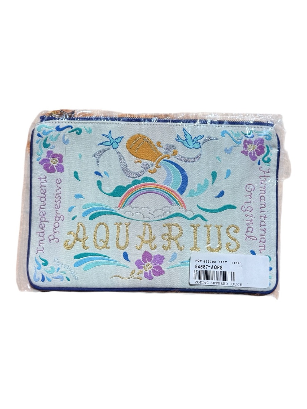 Aquarius Embroidered Zodiac Cosmetic Pouch - White, Gold, Blue, Purple